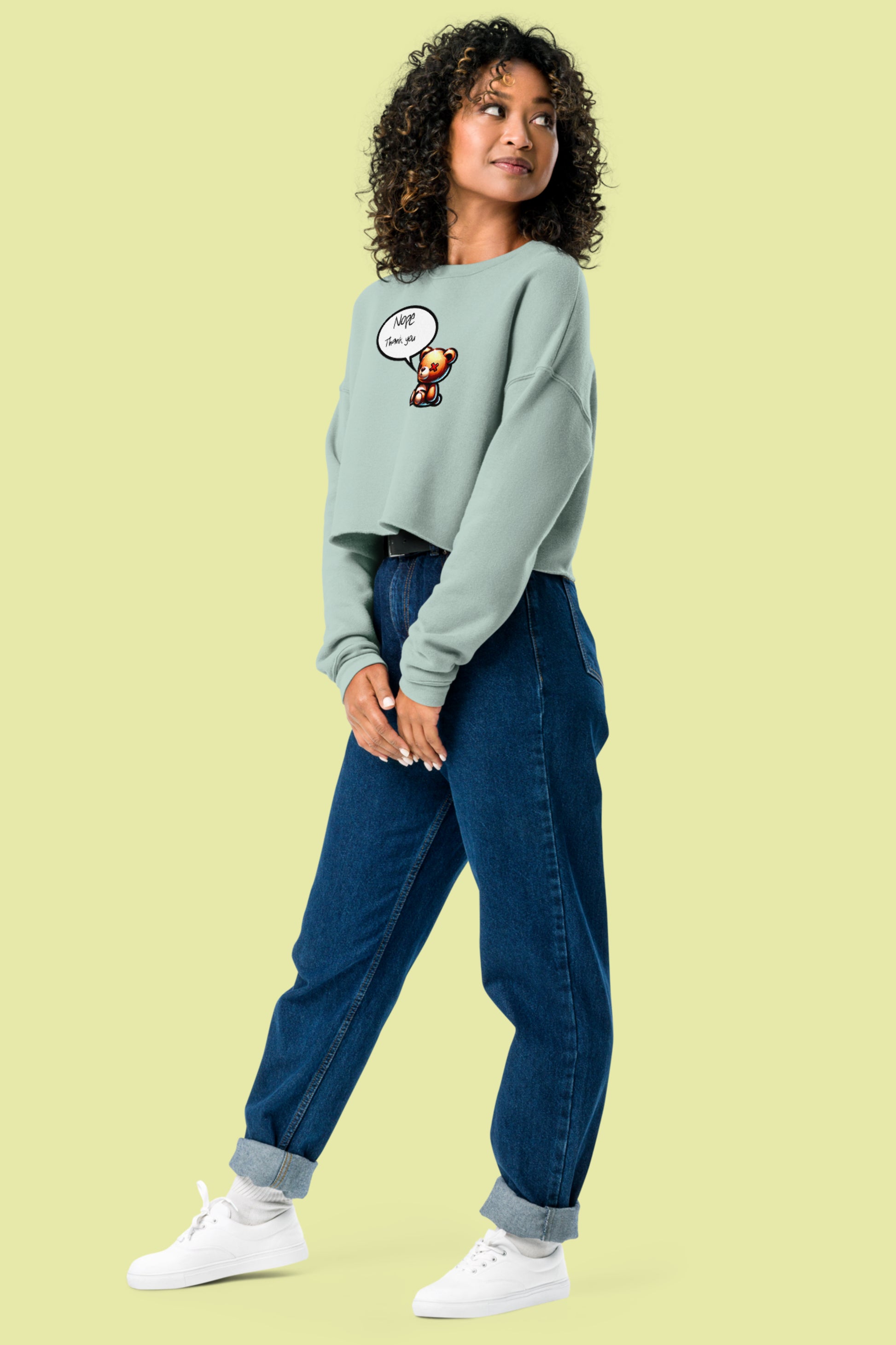 Women’s Crop Sweatshirt Iconic teddy Opal Color  female Side front posing