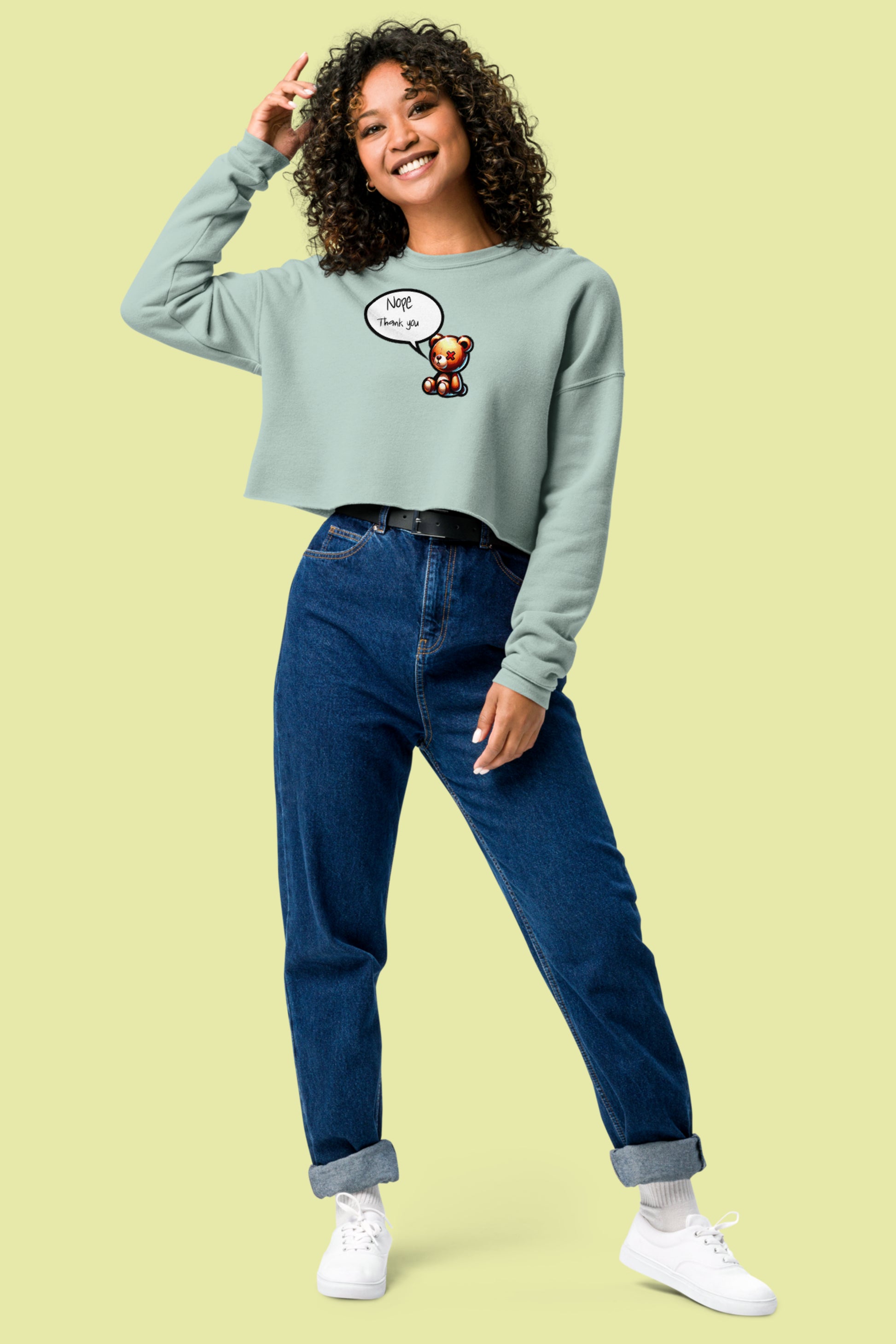 Women’s Crop Sweatshirt Iconic teddy Opal Color female front posing