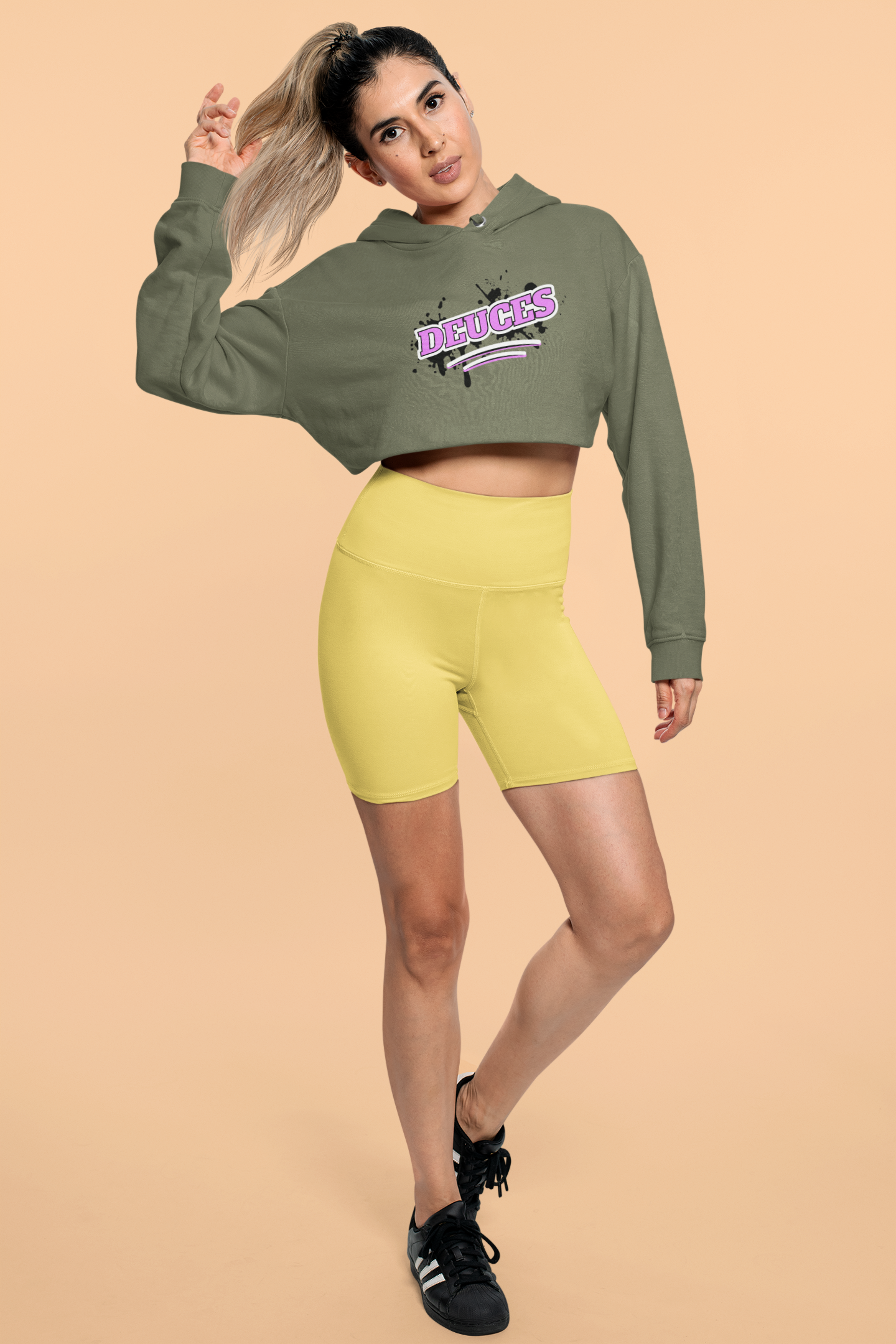 Crop Top Hoodie Standard Crop/Hood Aloe Green  female front posing