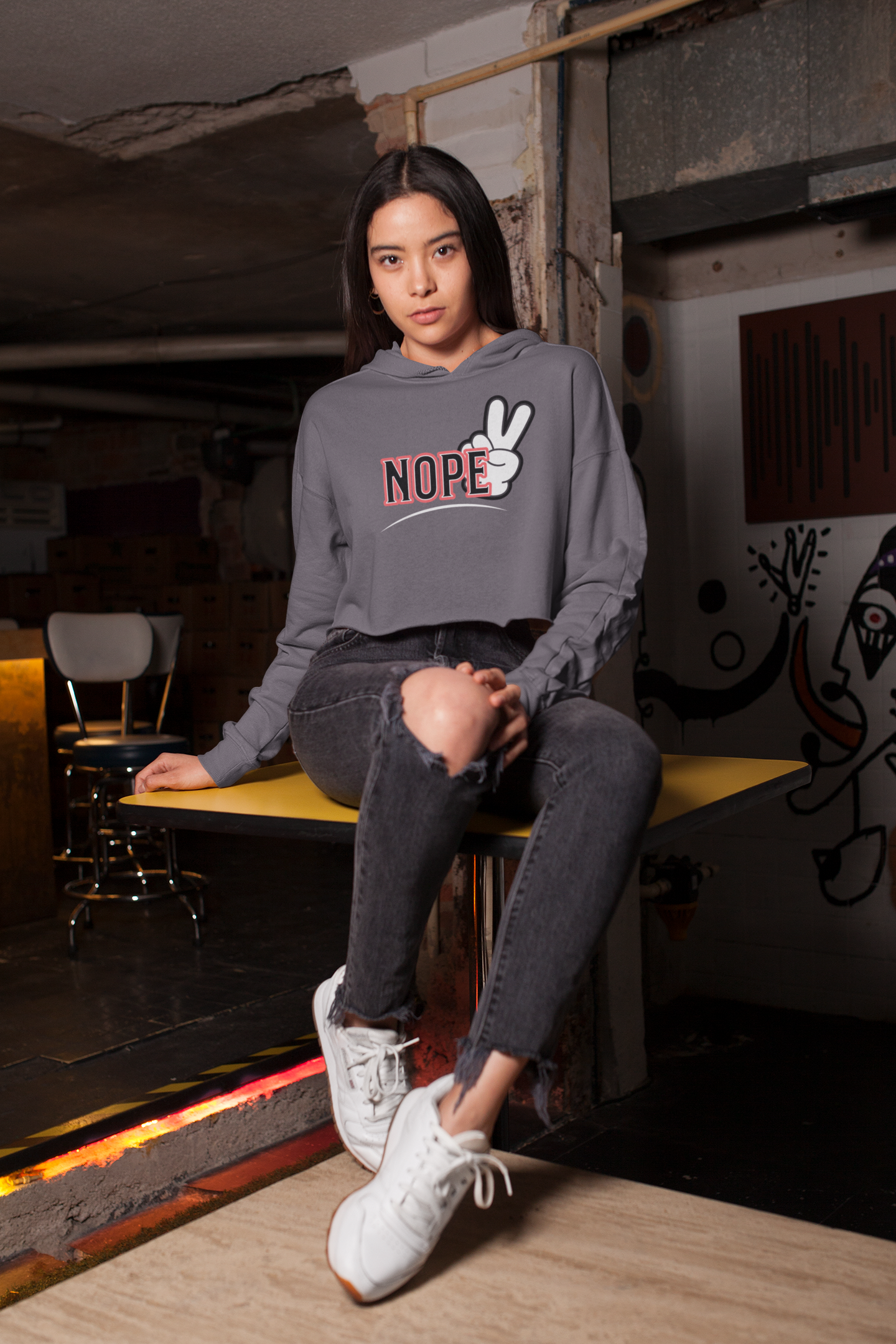 Crop Hoodie Iconic Crop/Hood Dim gray  female Sitting Down front posing