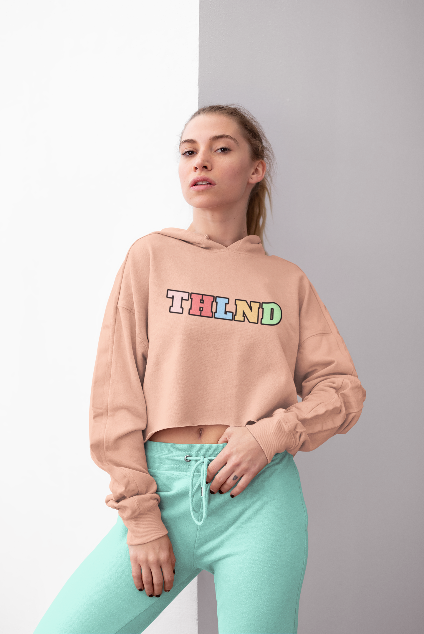 Cropped Hoodie Classic Crop/Hood Apricot female front posing