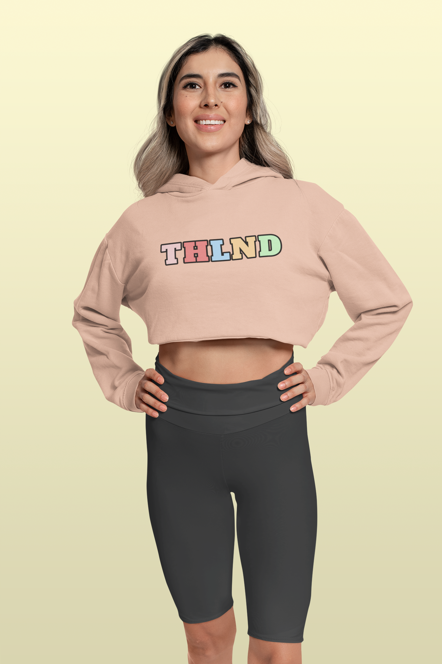 Cropped Hoodie Classic Crop/Hood Apricot smiley female front posing 