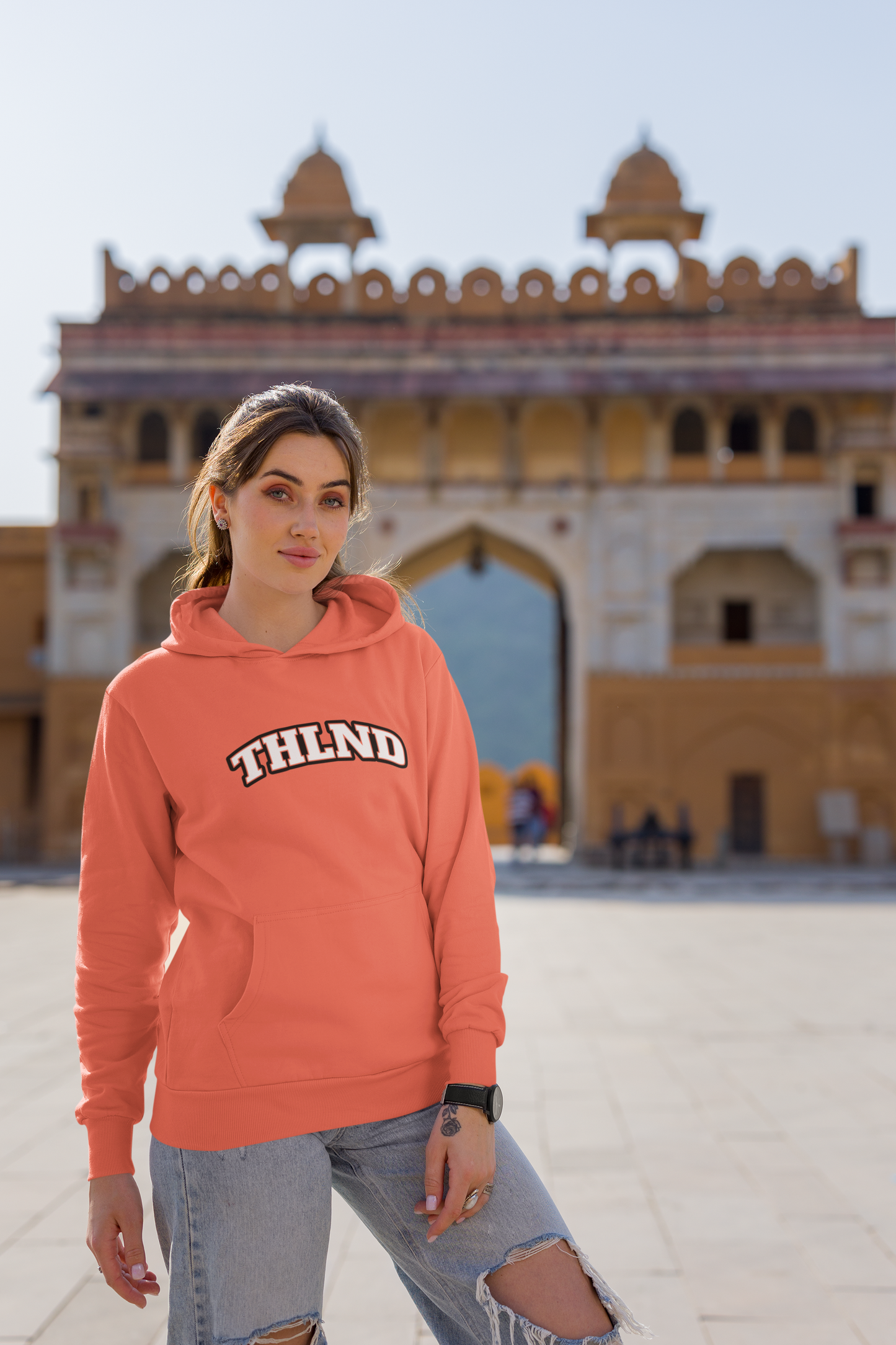 Cool Hoodies  orange color female posing  front side