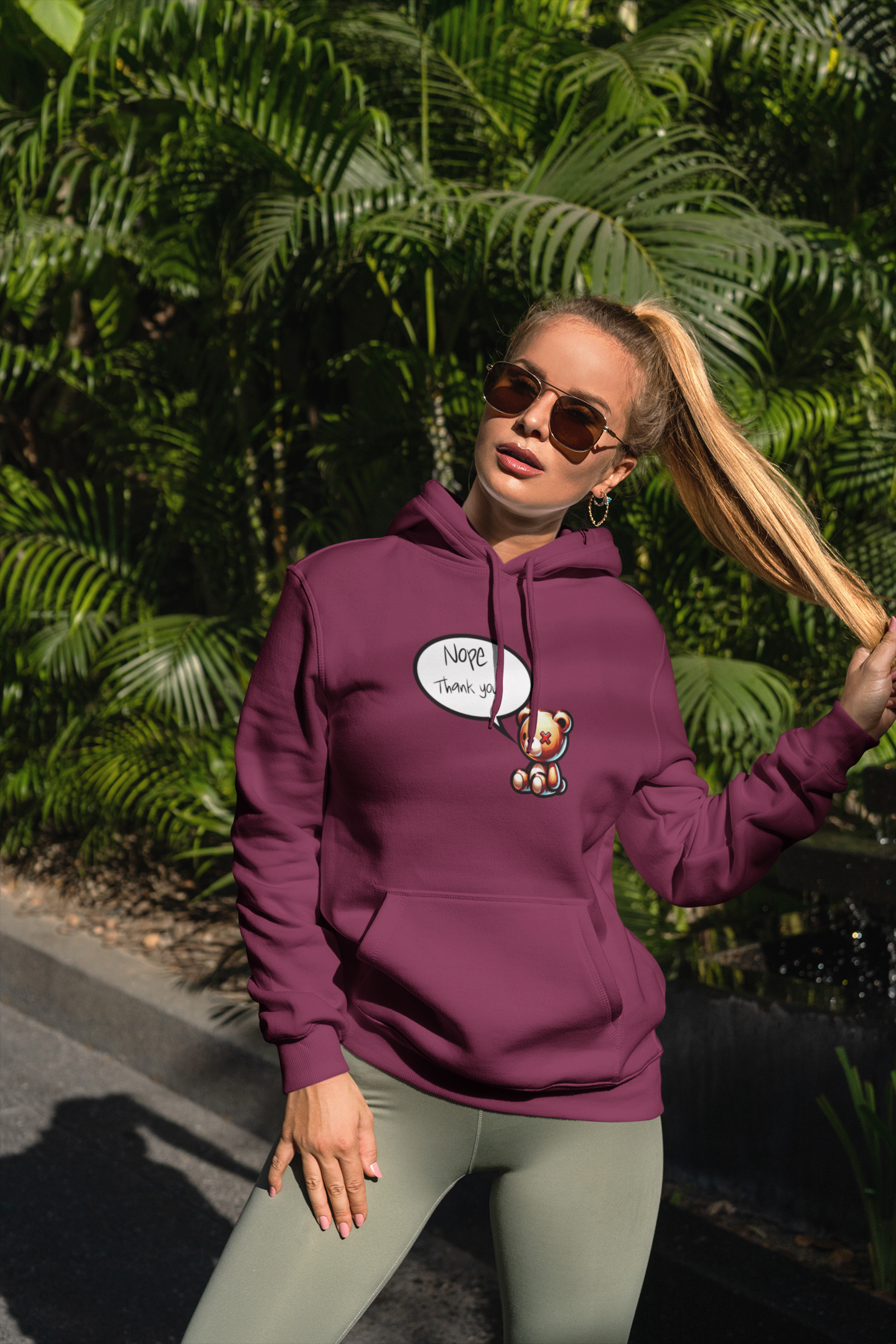 Cute Hoodies burgundy iconic hood female front posing 