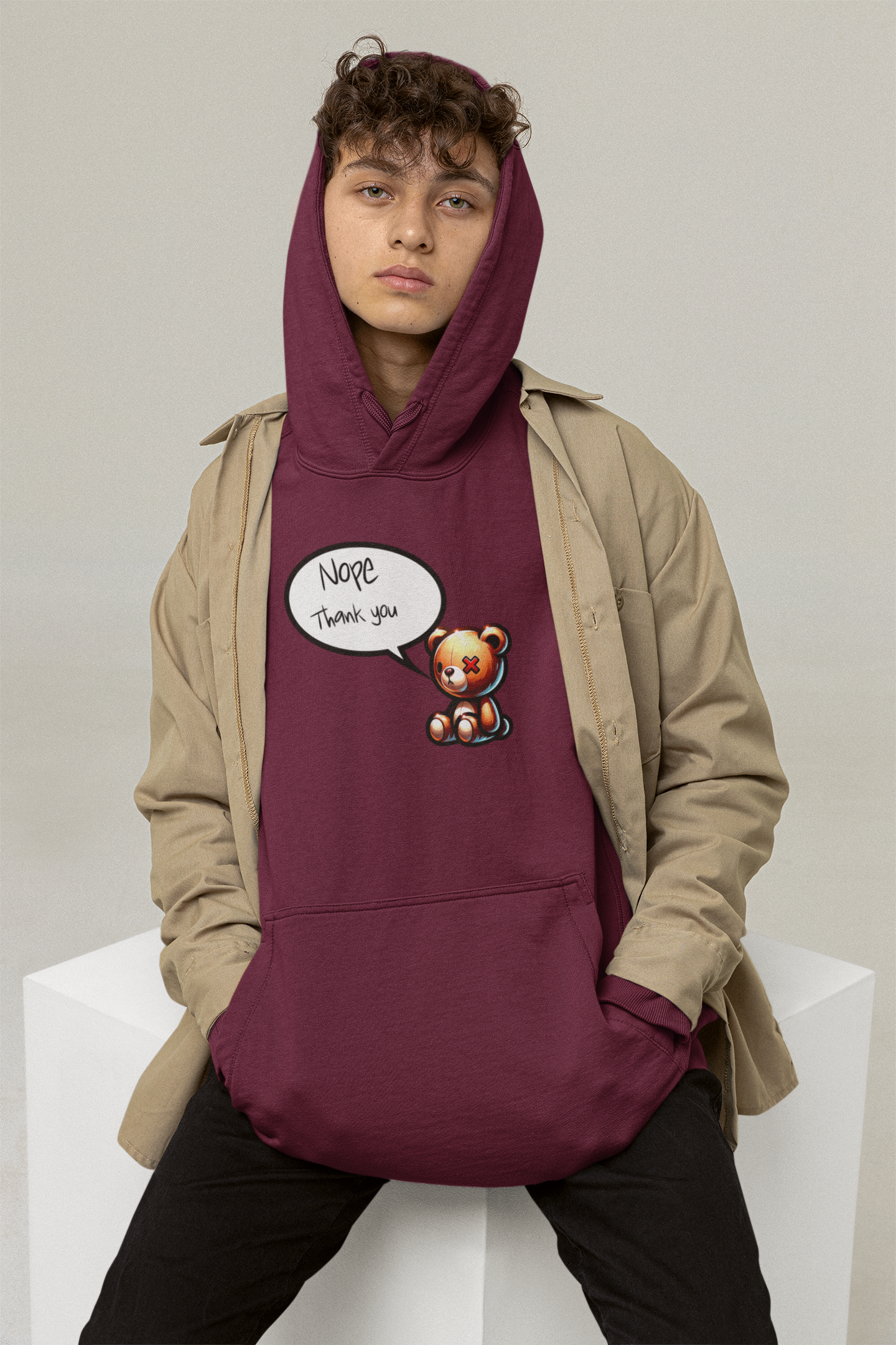 Cute Hoodies burgundy iconic hood  male front posing