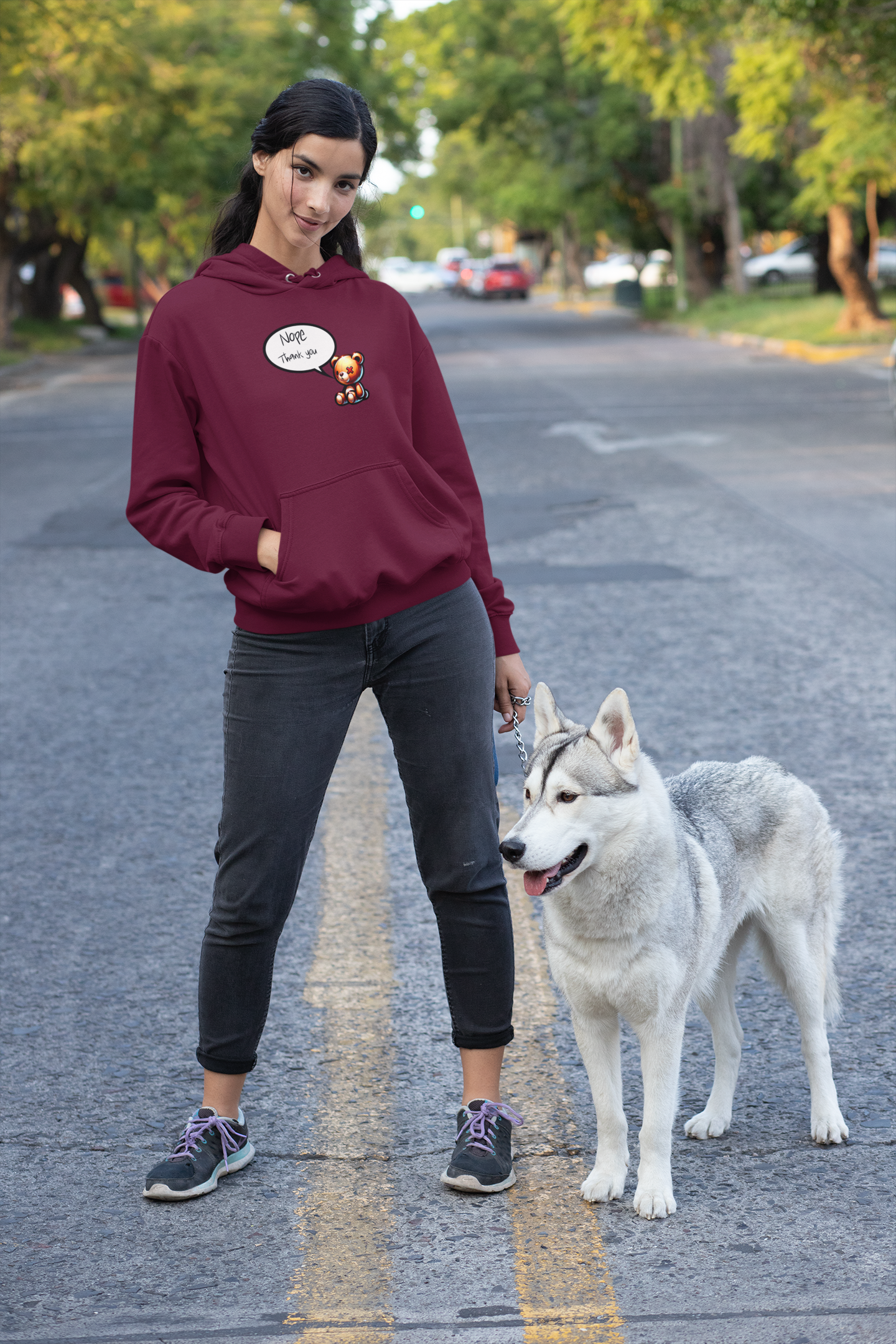 Cute Hoodies burgundy iconic hood female with dog front posing