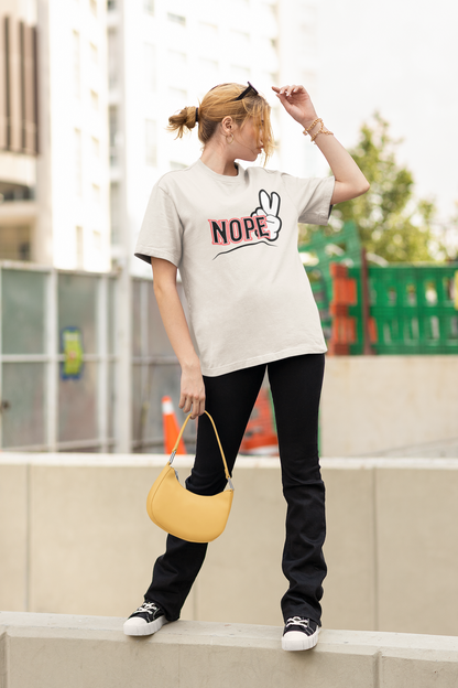 Oversized tee Iconic Tee on Linen female on jeans  front posing