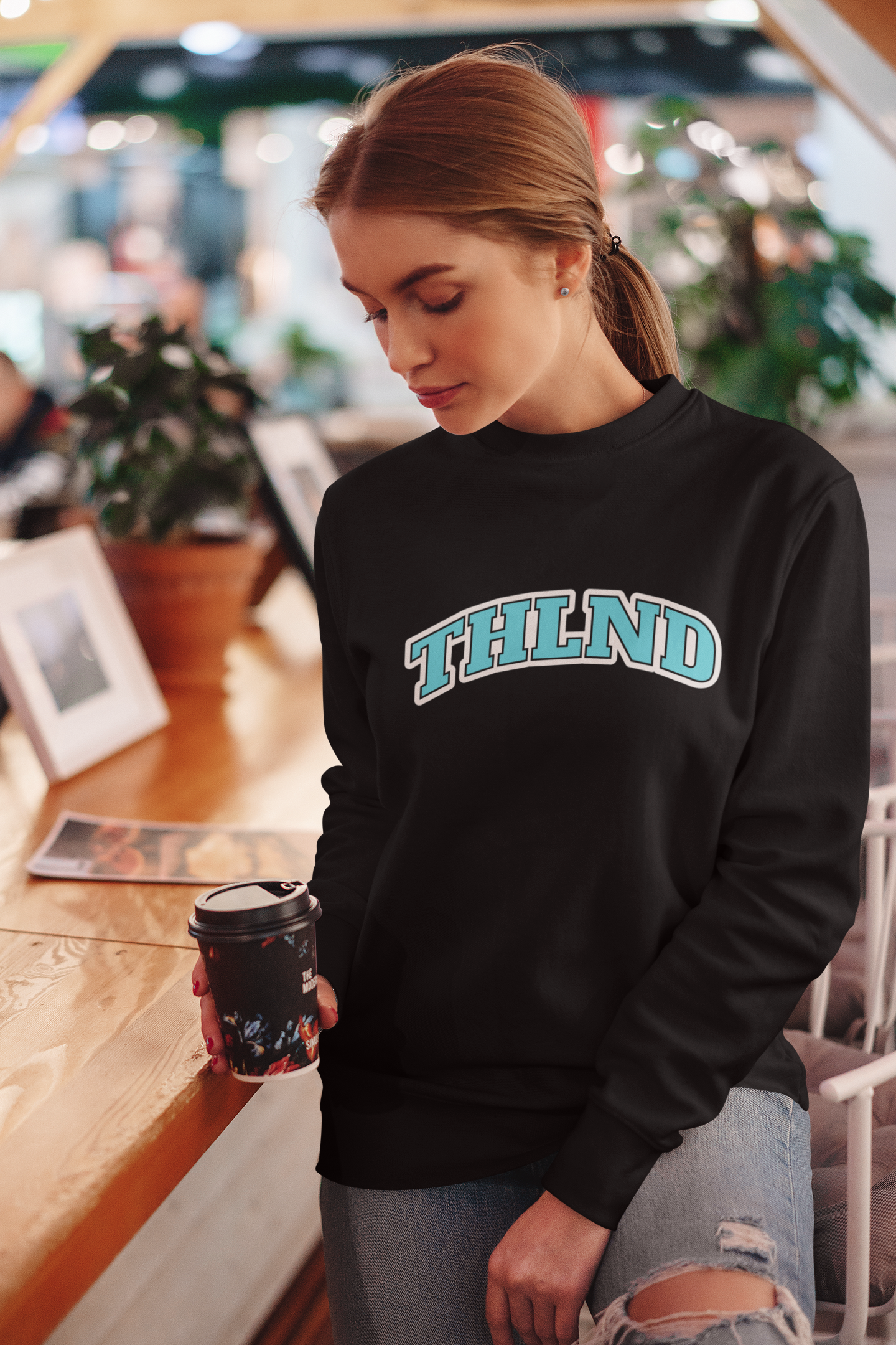 Cool Sweatshirts black color female  drinking coffee front  posing